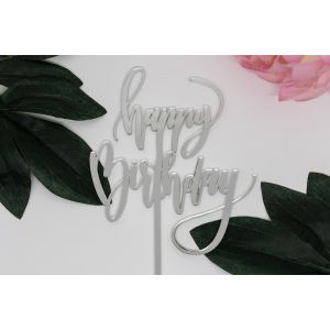 Happy Birthday cake topper in plexiglass argento specchio decorazione torte